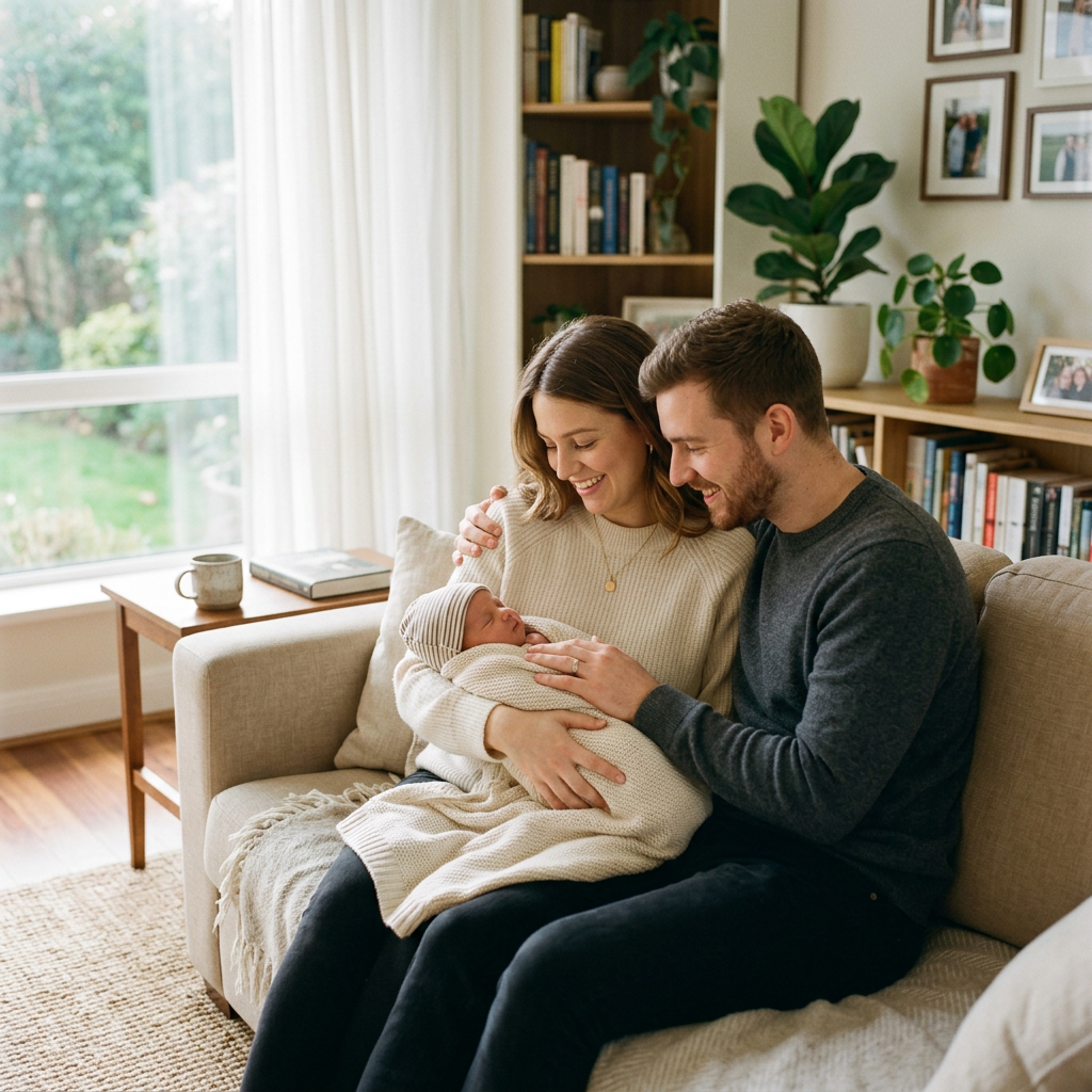 Life Insurance for New Parents Couple sitting on a couch smiling while holding their newborn wrapped in a blanket