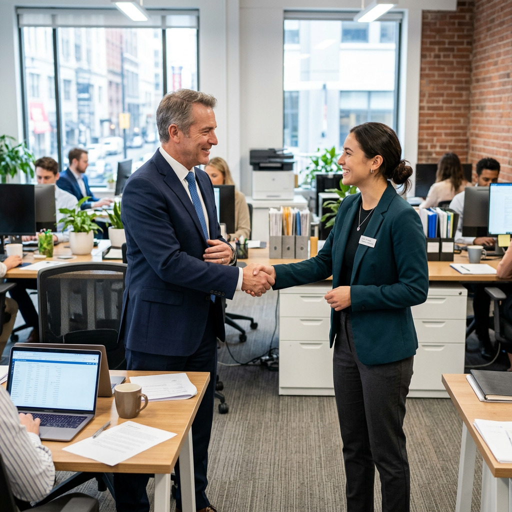 How to Transfer Your Business to an Employee Using Life Insurance and a Buy-Sell Agreement Man and woman shaking hands in a bright office with coworkers at desks